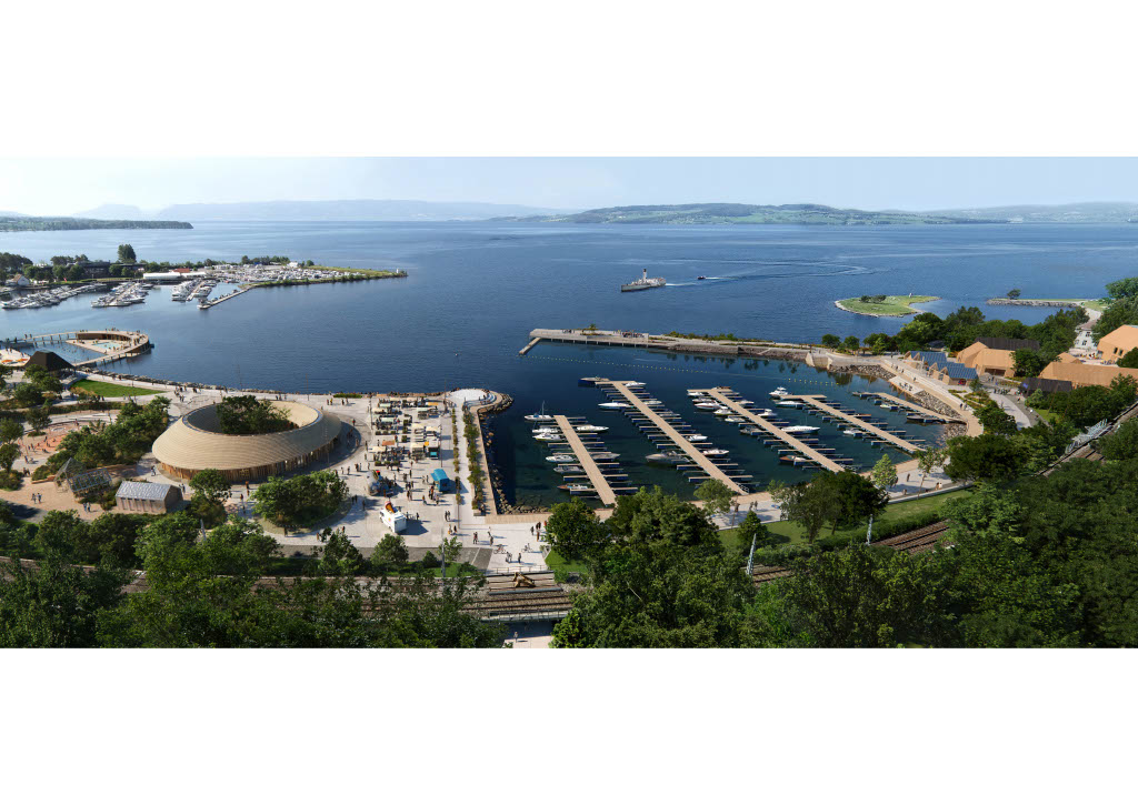 Oversiktsbilde av mjøsfronten ved Hamar, slik det blir etter ferdig utbygging. Bygninger og kaianlegg i forgrunnen, Skibladner og Mjøsa i bakgrunnen