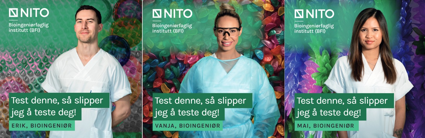 Bildekollasje - tre bioingeni&oslash;rer med budskapet: Test denne, s&aring; slipper jeg &aring; teste deg