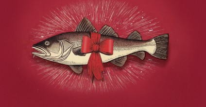 Rød bakgrunn og en fisk innpakket i sløyfe: Foto: Rogaland teater