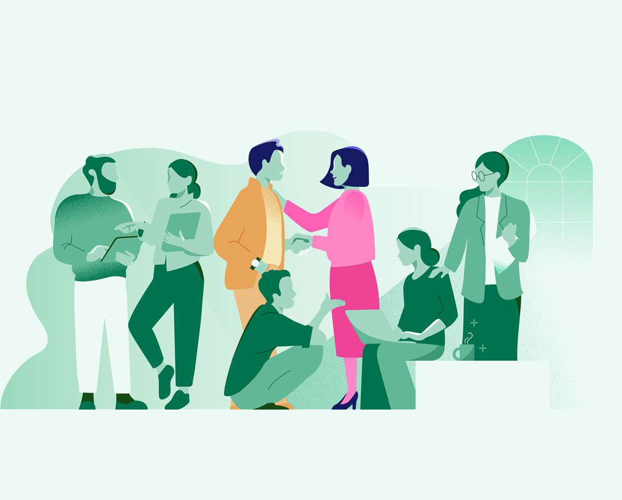 Illustration of a group of people in different situations who mediate networking and informal dialogue. The colors are in shades of green, pink, and orange.