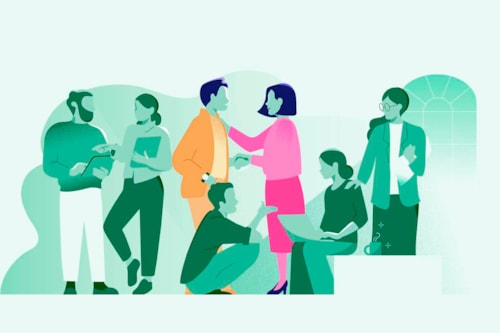 Illustration of a group of people in different situations who mediate networking and informal dialogue. The colors are in shades of green, pink, and orange.