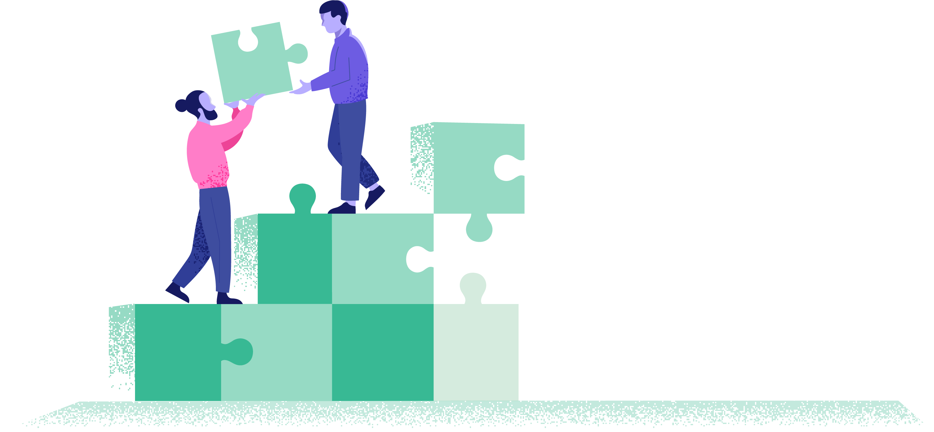 Illustrasjon: to mannlige tillitsvalgte som bygger med store byggeklosser, illustrerer å bygge pensjon