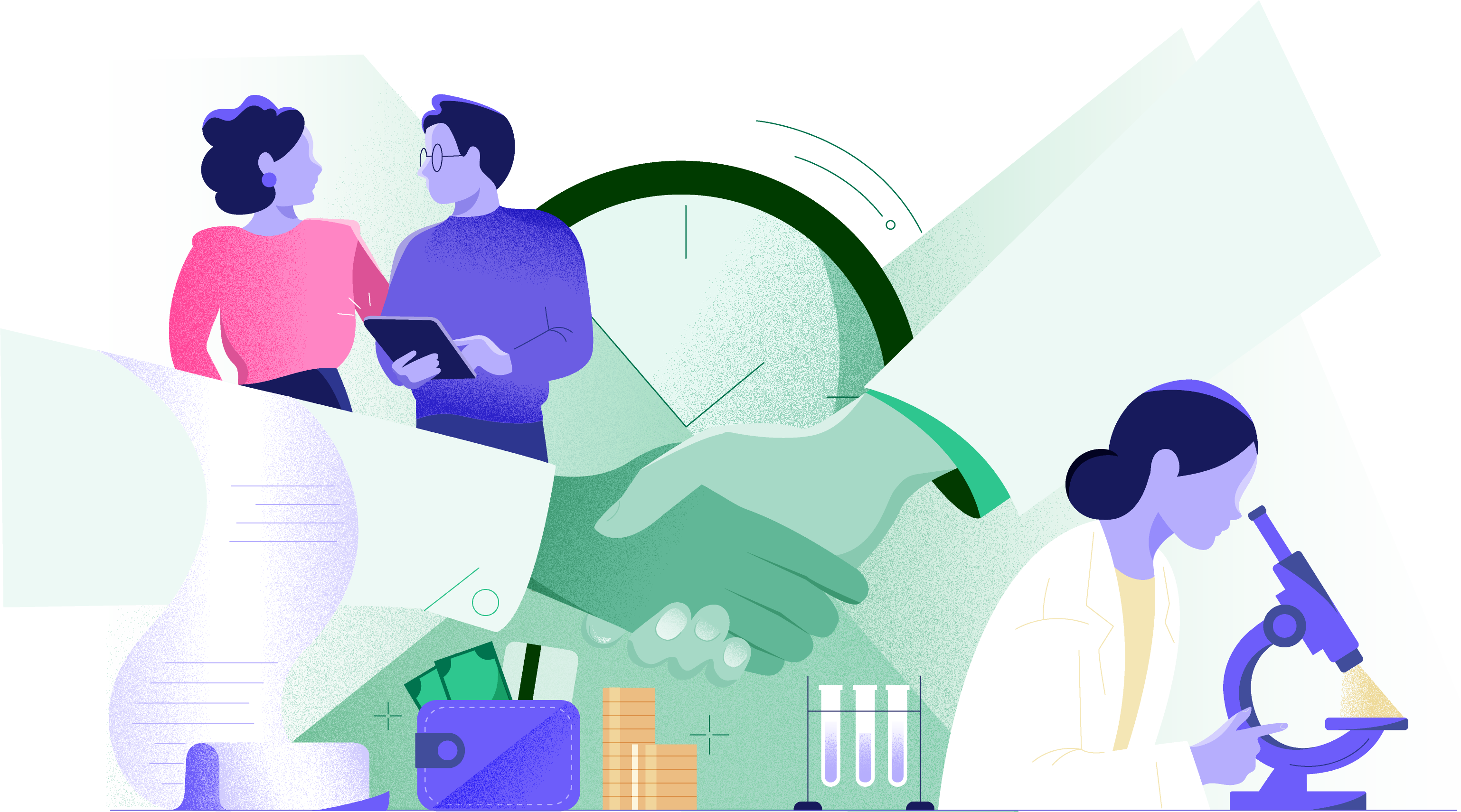 Illustration: On the left, two colleagues are talking over an iPad, on the right a woman looking through a microscope, they are split by a handshake in the foreground. Illustrates different types of working conditions.