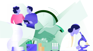 Illustrasjon av fire ingeniører og teknologer i ulike arbeidssituasjoner: to personer som samarbeider om et dokument, en person som analyserer med forstørrelsesglass, og en person som forsker med mikroskop. Illustrasjonen inkluderer visuelle elementer som grafer og søylediagrammer.